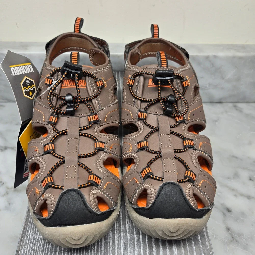 Khombu Kids Brown Orange Closed Toe Hiking Sandals (3) Bungee Lace / Water Shoes